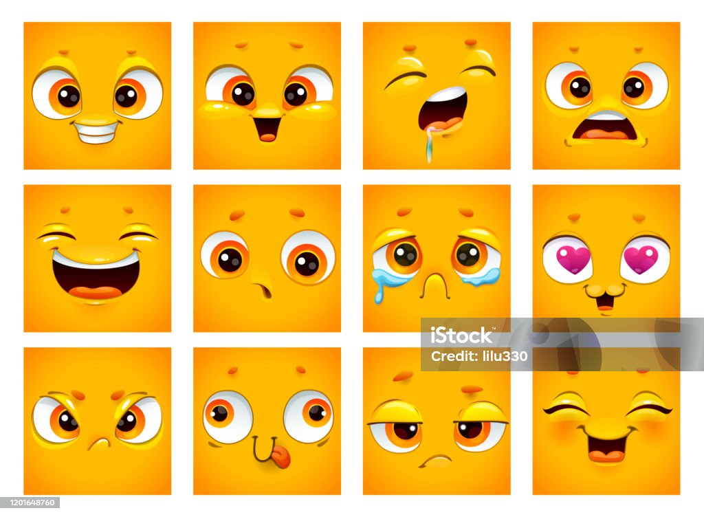 Emoji Face Collection Funny Cartoon Comic Square Yellow Faces On White  Background Stock Illustration - Download Image Now - iStock