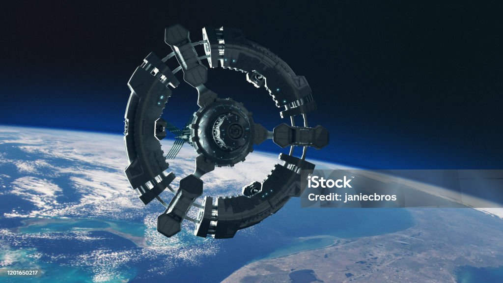 Space station in planet earth orbit. Space exploration. Leaving Planet Earth - concept. Textures of Planet earth are from Nasa public domain Spaceship Stock Photo