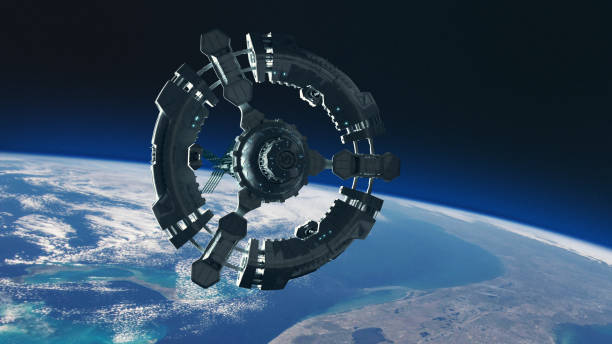 Space station in planet earth orbit. Space exploration. Leaving Planet Earth - concept. Textures of Planet earth are from Nasa public domain spaceship stock pictures, royalty-free photos & images