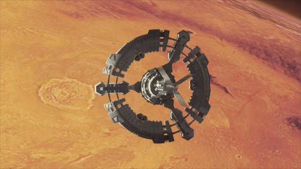 Space station in planet Mars orbit. Space exploration. Mars exploration - concept. Textures of Planet Mars are from Nasa public domain lander spacecraft stock pictures, royalty-free photos & images