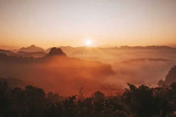 Photo of The morning mist Thailand mountains covered with fog sunrise time