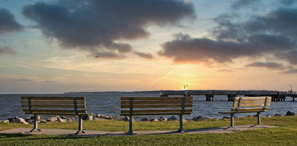 istock Empty Benches at the Sea at Dusk 1201653611