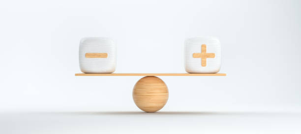 cubes d'équilibrage d'échelle en bois avec des symboles plus et moins - illustration rendue 3d - balance photos et images de collection