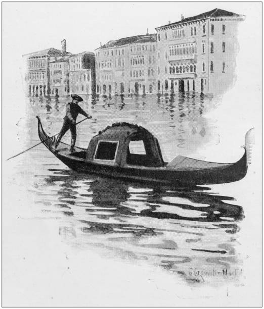 ilustraciones, imágenes clip art, dibujos animados e iconos de stock de ilustración antigua: góndola en venecia - gondolier engraving engraved image illustration and painting