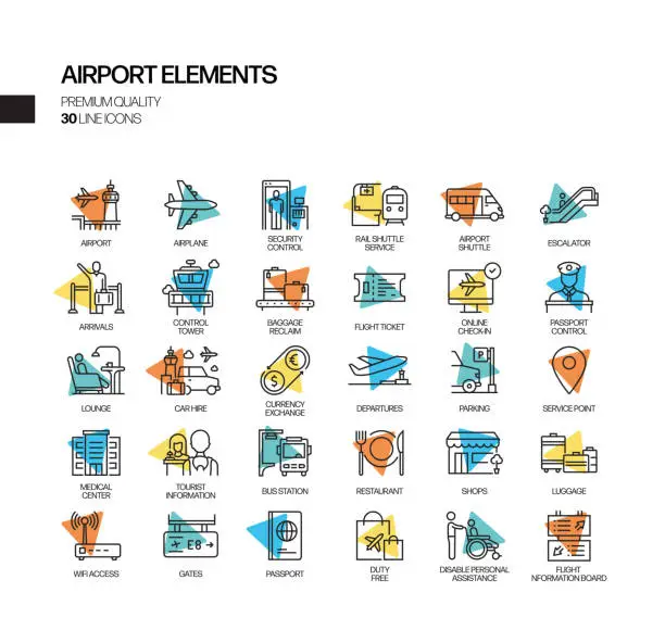 Vector illustration of Simple Set of Airport Elements Related Spotlight Vector Line Icons. Outline Symbol Collection.