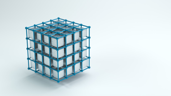 cube grid with different sized silver boxes symbolizing data in a storage system - 3D rendered illustration