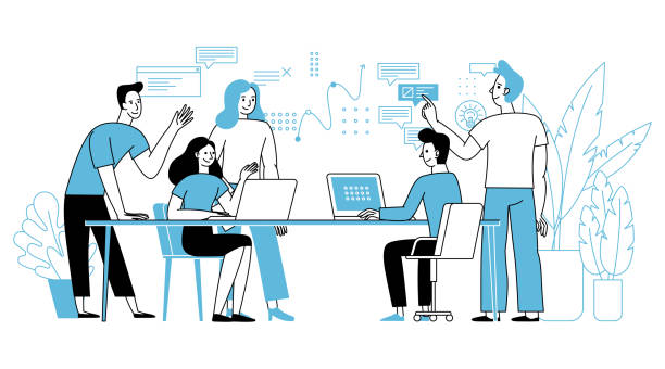 Vector illustration in simple flat linear style with smiling cartoon characters - teamwork and cooperation concept - Vector illustration in simple flat linear style with smiling cartoon characters - teamwork and cooperation concept - men and women sitting at the desk with laptop - meeting and conference entrepreneur stock illustrations
