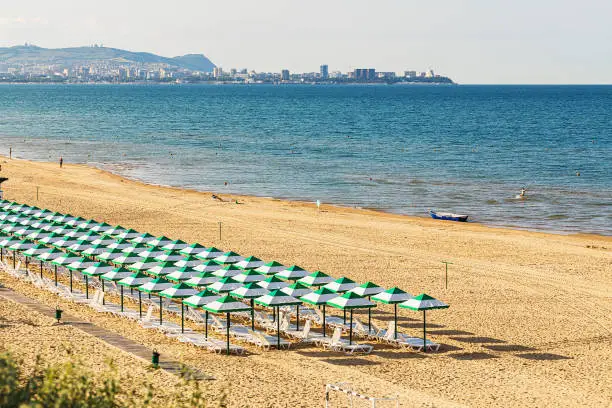 Beach on the Black Sea coast with a view of the city of Anapa, Russia