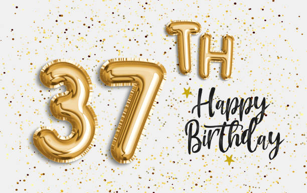istock Happy 37th birthday gold foil balloon greeting background. 1201655578