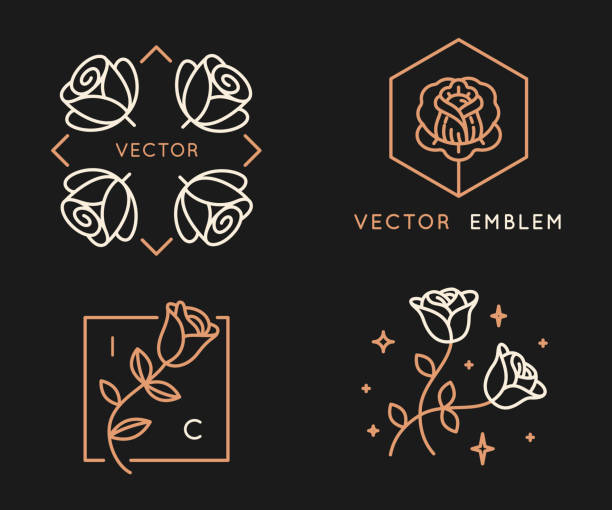 Vector logo design templates and monogram design elements in simple minimal style with roses Vector logo design templates and monogram design elements in simple minimal style with roses and copy space for text - geometrical abstract emblems and signs tattoo symbols stock illustrations