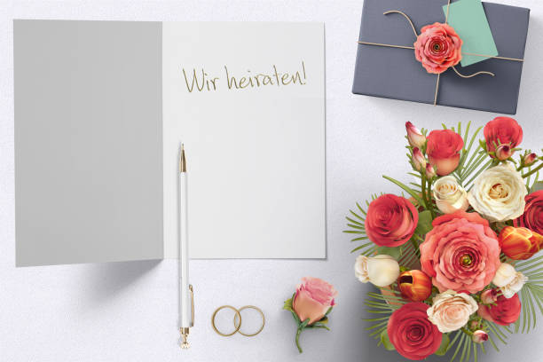 istock wedding decoration with rings and envelope with German message for 