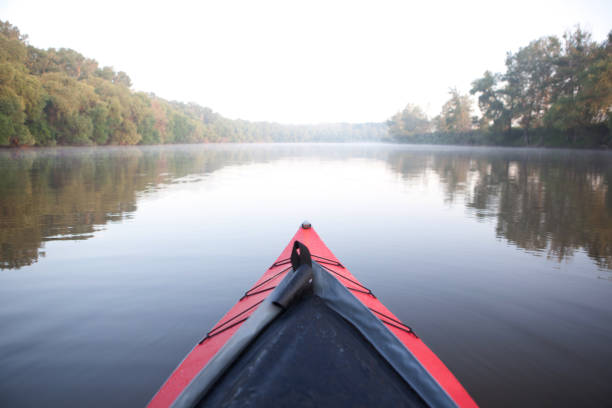 istock Paddling kayak on foggy river 1201656720