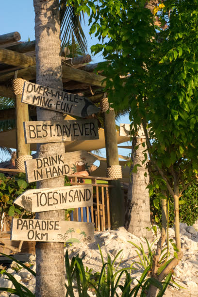 indicazioni direzionali sulla spiaggia di legno sul grand turk - sign beach wood beach sign foto e immagini stock