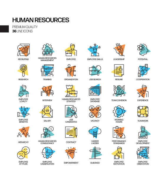 ilustraciones, imágenes clip art, dibujos animados e iconos de stock de conjunto simple de iconos de línea vectorial de spotlight relacionados con recursos humanos. colección de símbolos de esquema. - social media