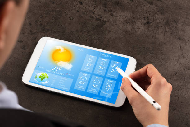 istock Business woman checking weather 1201657360