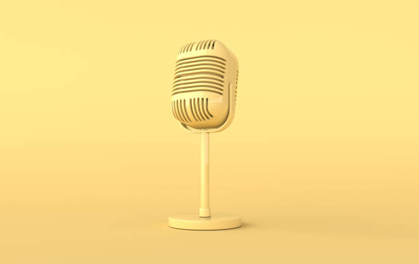 istock Retro concert or radio microphone realistic 3d render. Yellow mike on yellow background 1201658363