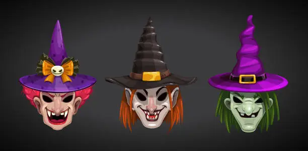 Vector illustration of Cartoon witches faces on dark background. Creepy Halloween witch masks set