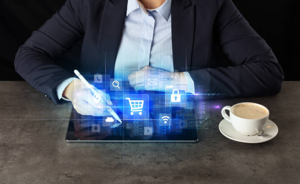 istock Business woman working on tablet with online database concept 1201658936