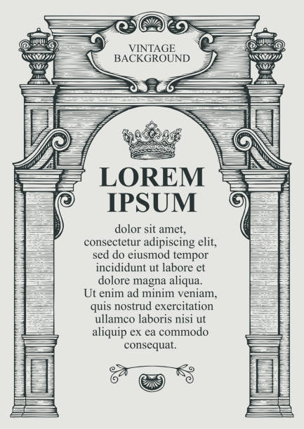 Vintage background or frame for a certificate or diploma in the form of a classic building facade. Vector illustration with a detailed drawing of an ancient architectural structure