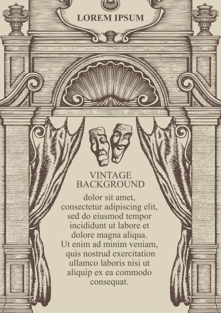 vintage background or frame on a theatrical theme Vintage background or frame for a certificate or diploma in the form of the facade of an old building with theatrical masks and a curtain. Vector hand-drawn illustration with place for text stage theater illustrations stock illustrations