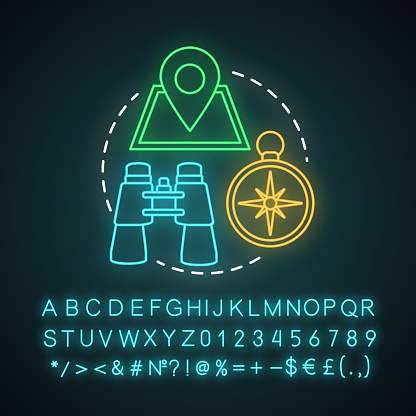 Treasure hunting neon light concept icon. Family time together idea. Geocaching. Searching for retrieve artifacts. Glowing sign with alphabet, numbers and symbols. Vector isolated illustration