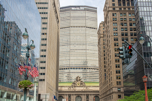 Street view of the Metlife Building facade and part of Grand Central Station at midtown Manhattan, New York City, USA.