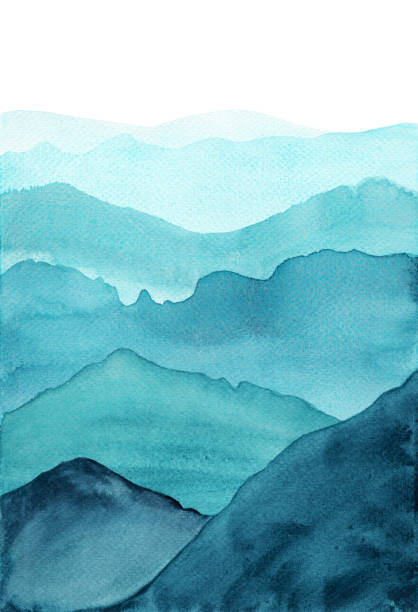 illustrations, cliparts, dessins animés et icônes de l'aquarelle bleue abstraite d'indigo vagues de montagnes sur le fond blanc - mer horizon bleu