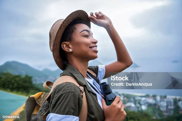 Happy Girl Climber On Break Stock Photo - Download Image Now - Travel, One Woman Only, Journey