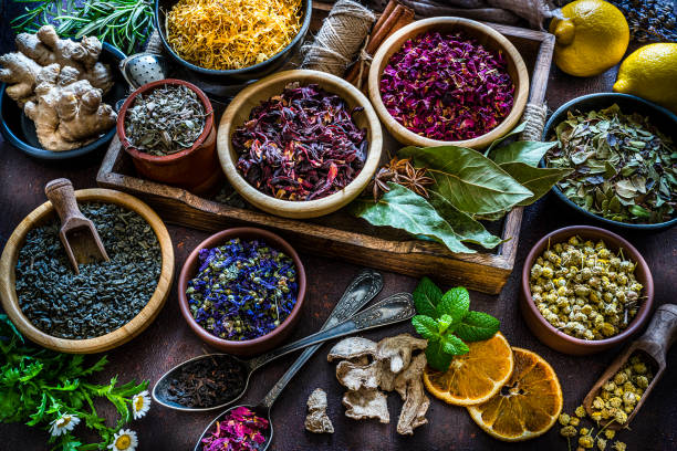 istock Various multi colored dried tea leaves and flowers shot from above 1201672713