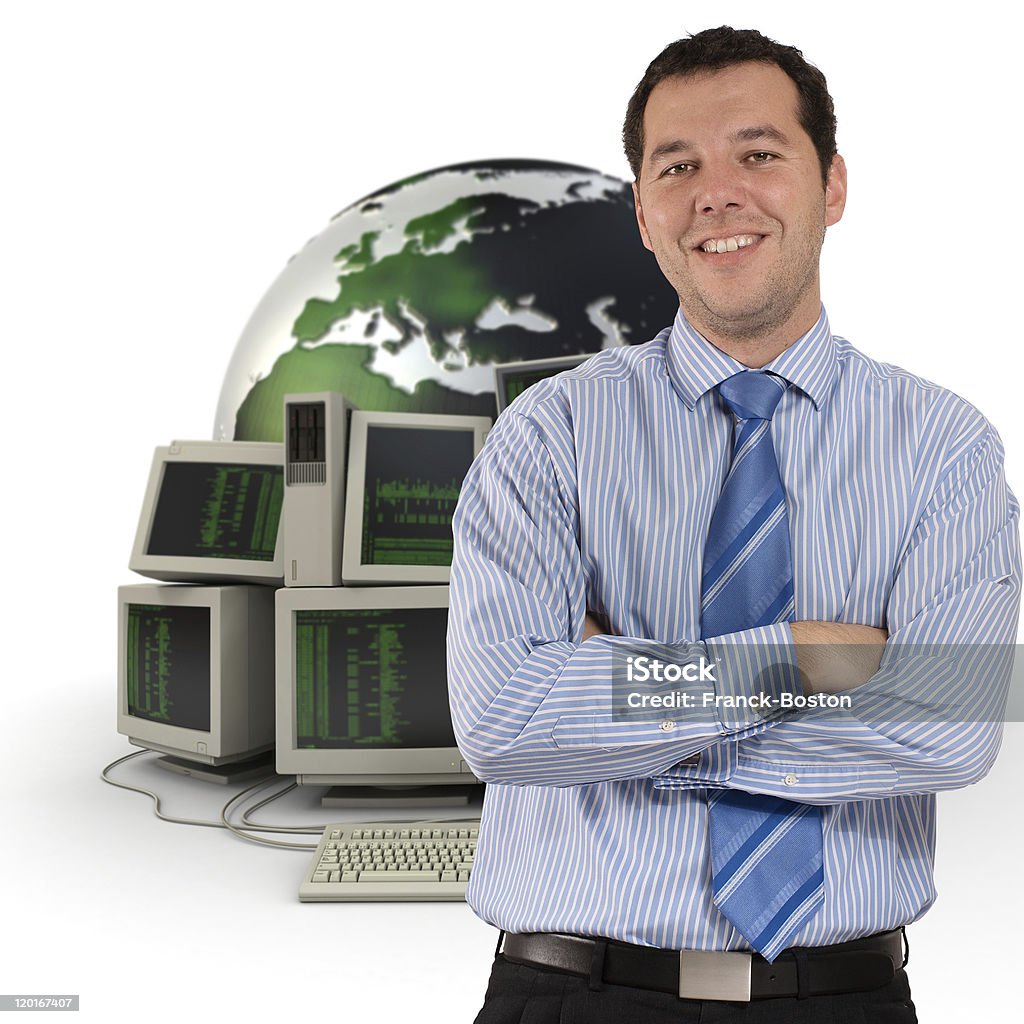 IT manager Professional man with a world map and piles of computers .. The map texture is mine, see attached release Adult Stock Photo