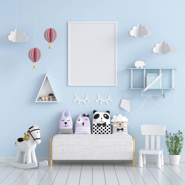 istock Blank photo frame for mockup in blue living room 1201674589