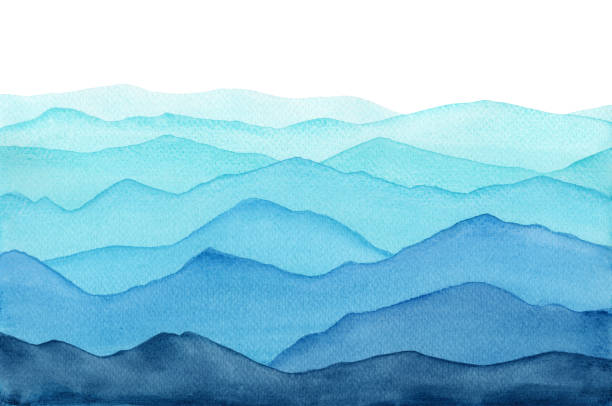 abstract indigo light blue watercolor waves mountains on white background watercolor hand drawn art print sky designs stock illustrations