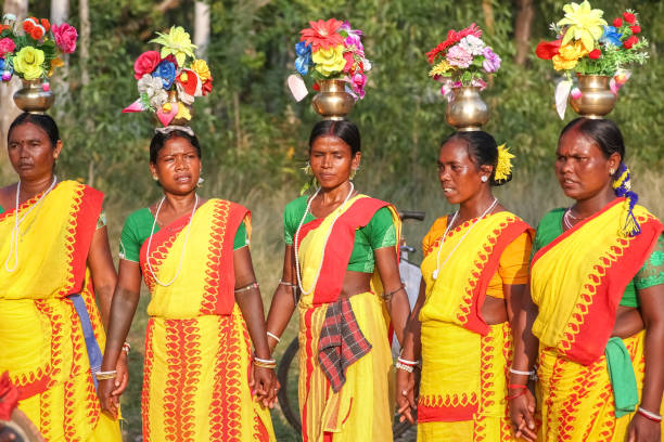 mujeres indias tribales realizan danza folclórica en una zona boscosa - editorial indian culture traditional culture horizontal fotografías e imágenes de stock