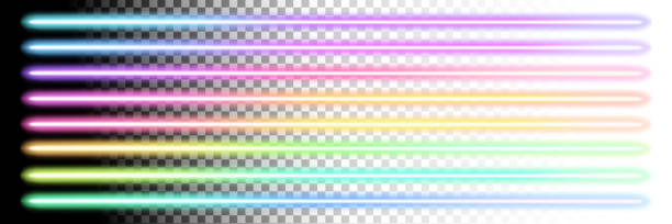 ilustraciones, imágenes clip art, dibujos animados e iconos de stock de luces de neón arco iris. palos brillantes. líneas láser fluorescentes para fondos blancos y negros. - prism spectrum laser rainbow