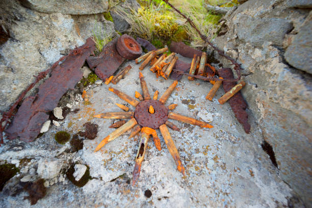 istock Rusty fragments, bullets in a dugout 1201679310