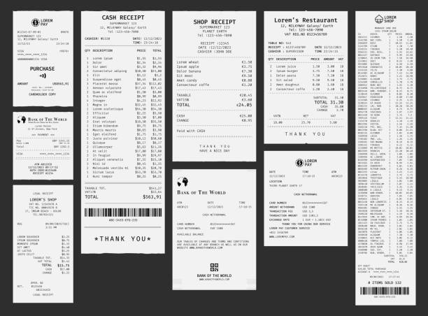Template of a shop check. Paper payment receipt from supermarket. Bill from a restaurant or mall. Template of a shop check. Paper payment receipt from supermarket. Bill from a restaurant or mall receipt stock illustrations