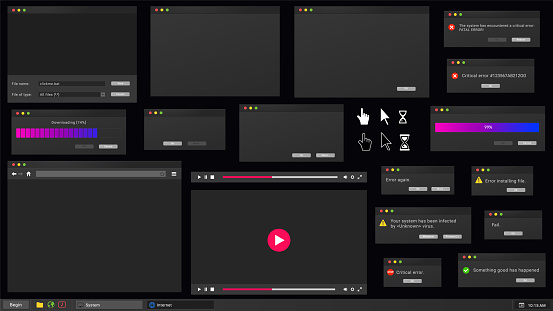 Dark theme of desktop user interface. Web browser window, online video player, error message and computer cursor in night mode skin