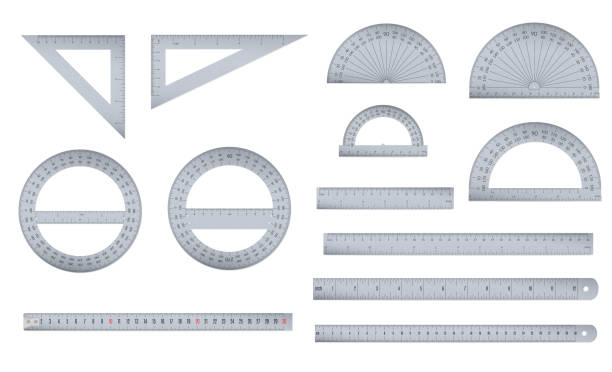 ilustrações de stock, clip art, desenhos animados e ícones de set of engineer or architect aluminum drafting protractor, ruler and triangle with a metric and an imperial units scales. - sewing foot