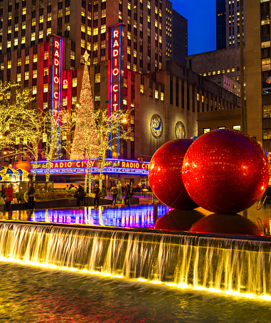 New York City USA - December 01, 2013: New York City landmark, Radio City Music Hall in Rockefeller Center as seen on Dec. 03, 2013 decorated with Christmas decorations in Midtown Manhattan NYC, USA