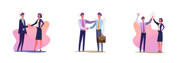 ilustrações, clipart, desenhos animados e ícones de conjunto de empresários apertando as mãos - isolated smiling business person handshake