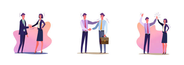 Set of business people shaking hands Set of business people shaking hands. Flat vector illustrations of men and women greeting each other in suits. Business deals and partnership concept for banner, website design or landing web page handshake stock illustrations