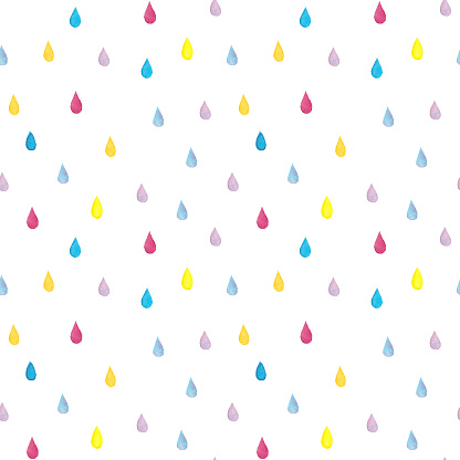 Watercolor hand drawn seamless pattern with multi colored raindrops isolated on white background. Abstract polka dot print for textile, wallpaper, wrapping paper, background, design etc.