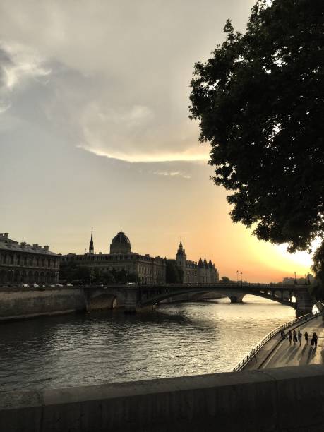 Sunset on the Seine , Paris stock photo