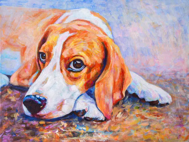 Photo of Acrylic color painting of beagle dog on canvas.