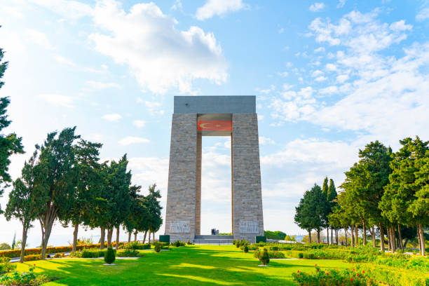Canakkale Martyrs' Memorial against to Dardanelles Strait Çanakkale Province, Anatolia, Sea, Turkey - Middle East, Water martyr stock pictures, royalty-free photos & images