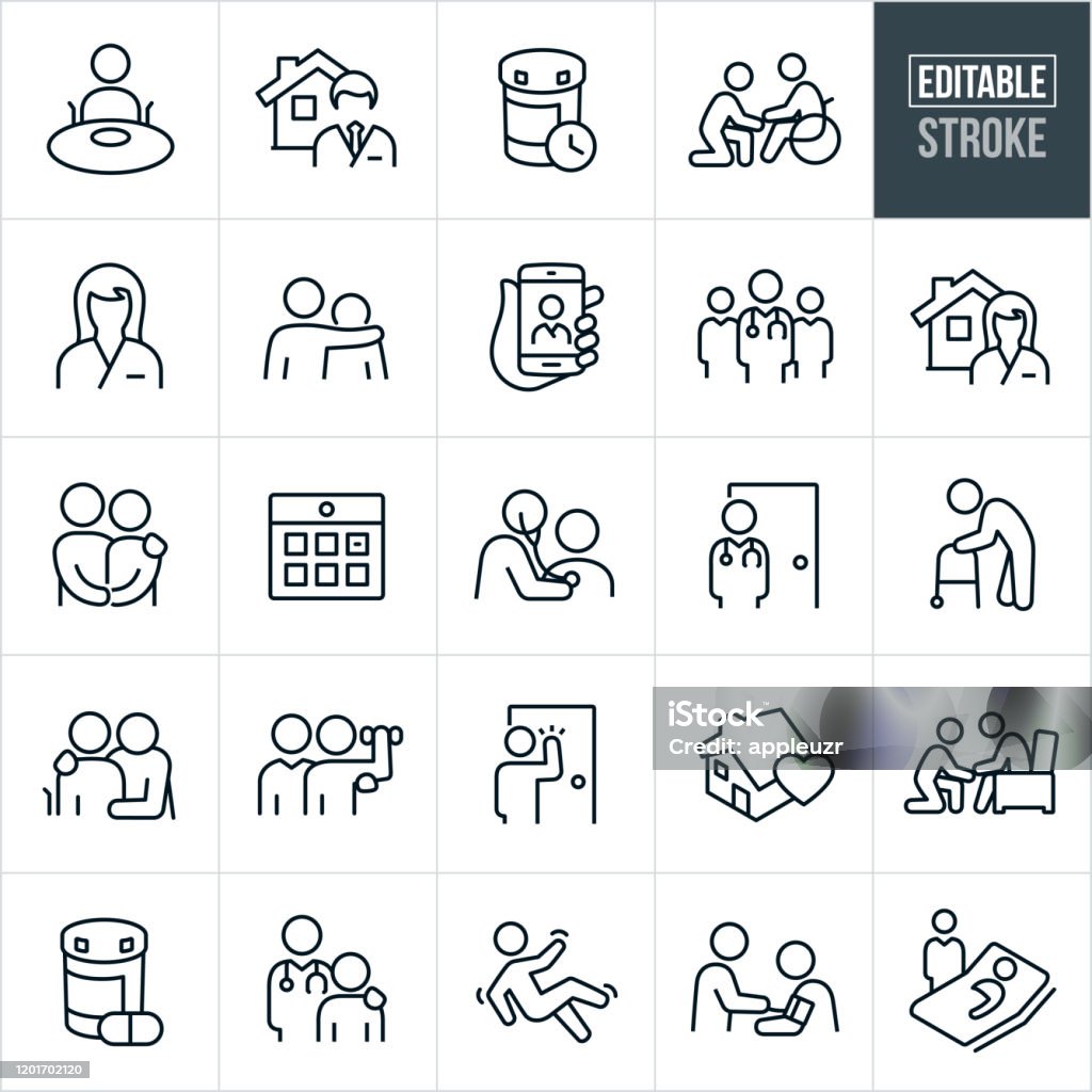 Home Health Thin Line Icons - Editable Stroke A set of home health icons that include editable strokes or outlines using the EPS vector file. The icons include home health professionals, doctors, nurses, assistants, disabled people, elderly, doctor at a house, medications, person in a wheel chair, nurse at a house, couple holding hands, calendar, doctor checking heartbeat of patient, elderly person with walker, rehabilitation, fall, a doctor taking blood pressure of patient, a patient in bed and other home health related icons. Icon stock vector
