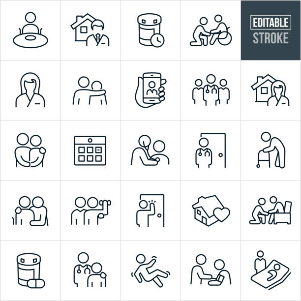 Home Health Thin Line Icons - Editable Stroke A set of home health icons that include editable strokes or outlines using the EPS vector file. The icons include home health professionals, doctors, nurses, assistants, disabled people, elderly, doctor at a house, medications, person in a wheel chair, nurse at a house, couple holding hands, calendar, doctor checking heartbeat of patient, elderly person with walker, rehabilitation, fall, a doctor taking blood pressure of patient, a patient in bed and other home health related icons. patient icons stock illustrations