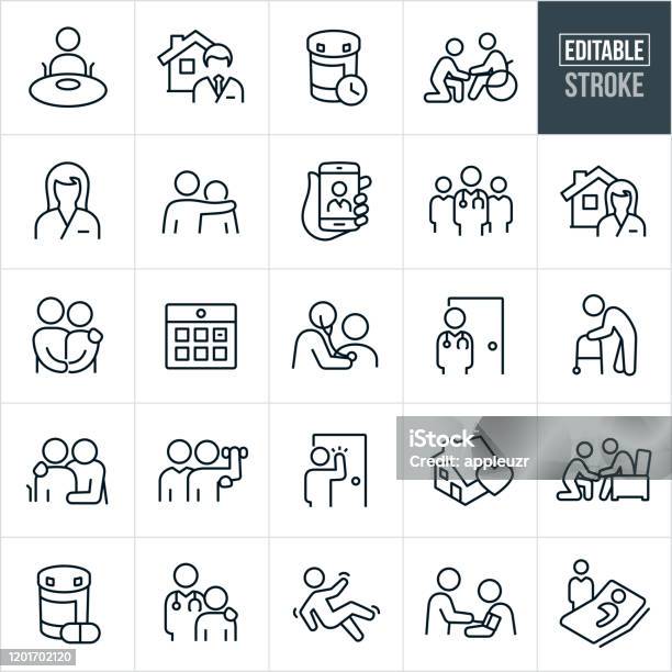Home Health Thin Line Icons Editable Stroke Stock Illustration - Download Image Now - Icon, Healthcare And Medicine, Doctor
