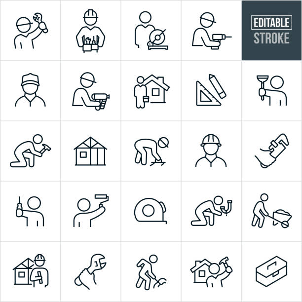 Handyman Thin Line Icons - Editable Stroke A set of handyman icons that include editable strokes or outlines using the EPS vector file. The icons include handymen accomplishing different work tasks. They include a handyman holding a wrench, handyman with tool belt, person using a drill, builder using a nail-gun, person holding a toolbox, person holding a plunger, handyman using a hammer, new construction of a home, worker using a trowel, hand holding a pipe wrench, workers wearing hard hats, a person using a paint roller, tape measure, person fixing a leaky pipe, person pushing a wheel barrow, person shoveling dirt and a toolbox to name just a few. manual worker house work tool equipment stock illustrations