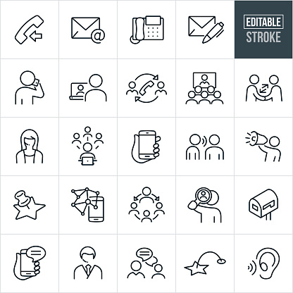A set of contact icons that include editable strokes or outlines using the EPS vector file. The icons include a telephone, email, letter, person talking on mobile phone, person chatting with another person on computer, video conference, customer support representative, social media, word of mouth, person using a bullhorn and other related icons.